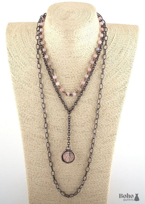 Boho Necklace, RH Antique Brass White Stone Glass